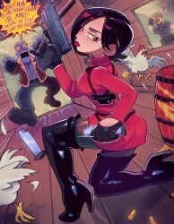 ada_wong ada_wong_(adriana) asian asian_female biohazard black_hair bomber_jacket boots capcom chicken clothed dark_hair dialogue female fully_clothed ganado gun handgun jacket leon_scott_kennedy resident_evil resident_evil_4 resident_evil_4_remake sexually_suggestive short_hair speedoru speedosausage suggestive suggestive_pose suggestive_posing thigh_boots thigh_highs thighhighs turtleneck turtleneck_sweater twitter weapon