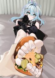 1girls absurdres ahoge armpit_crease bare_shoulders barefoot black_gloves blue_hair blush bow breasts burger commentary eyelashes feet feet_burger feet_burger_(meme) feet_focus feet_in_food feet_together female food food_on_feet foot_fetish foot_focus foreshortening frilled_sleeves frills gloves green_eyes hair_between_eyes hairbow highres holding indie_virtual_youtuber large_breasts looking_at_viewer meme multicolored_hair pov pupi pupi_(rain_prophet) purple_hair sitting sketch_background smile solo_focus streaked_hair toe_scrunch toenails toes virtual_youtuber vtuber white_bow yuy_ix