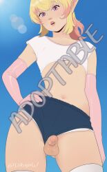adoptable balls blonde_hair down_angle dragon dragon_elf_ears elf_ears femboy femboy_only humanoid_genitalia humanoid_penis humanoid_pointy_ears little_penis penis penis_focus pink_hair purple_eyes shorts topwear