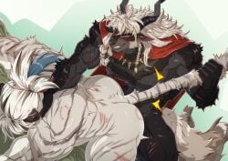 2boys abs absurdres afk_(series) afk_journey animal_ears ass bara bite_mark blush booboo34 booboo_(19816236) cross_scar english_commentary furry furry_male gay gay_male goat_boy goat_ears goat_horns highres horns kordan_(afk) looking_at_another male_focus multiple_boys muscular muscular_male nazrik_(afk) paid_reward_available pectorals ponytail scar scar_on_arm scar_on_face sweat tail tail_pull tiger_boy tiger_ears tiger_stripes tiger_tail yaoi
