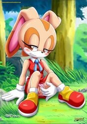 anthro brown_eyes clitoris clothing cream_the_rabbit cub dress erect_clitoris horny horny_female masturbation mobius_unleashed moving_panties palcomix panties panties_aside presenting_pussy rabbit smug sonic_(series) teasing young