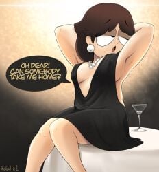 1female 1girls armpits black_dress breasts comedy_central dress earrings erect_nipples female hands_behind_head kobalto1 liane_cartman looking_away necklace nipples nipples_visible_through_clothing question shaved_armpit sideboob sitting sitting_on_table south_park text text_bubble watermark