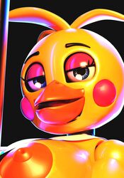 3d avian avian_humanoid beak bib big_breasts bird blue_eyes blush chicken five_nights_at_freddy's five_nights_at_freddy's_2 huge_breasts machine robot robot_girl robot_joints rosy_cheeks runabo runaboo_chica seductive sex_toy shiny shiny_skin solo toy_chica_(fnaf)