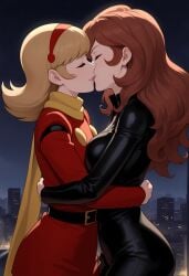 2girls ai_generated belt big_breasts black_belt black_bodysuit blonde_female blonde_hair blush bodysuit breast_press breasts brown_hair building city cityscape closed_eyes closed_mouth couple crossover cyborg_009 duo female/female female_only francoise_arnoul hair_ornament hairband hugging kissing lips lipstick love lupin_iii makeup medium_breasts mine_fujiko multiple_females multiple_girls mutual_yuri neck night night_sky outdoors pink_lipstick powerhouserift red_clothing red_hair_ornament red_hairband red_lipstick romantic romantic_couple scarf short_hair skin_tight sky smile standing symmetrical_docking yellow_scarf yuri