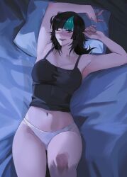 1girls armpits arms_up belly black_hair breasts curves curvy curvy_female cute cute_face face_piercings female female_focus female_only hips hoshi_kirara jujutsu_kaisen medium_breasts on_back on_bed panties posing posing_for_the_viewer rule_63 shirt shirt_and_panties solo solo_female solo_focus thick_thighs tummy wide_hips wide_thighs winking winking_at_viewer yellow_eyes yellow_eyeshadow