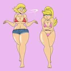 2girls aged_up barefoot big_breasts bikini bikini_bra bimbo blonde_hair breasts curvy female female_only jean_shorts lana_loud legs lola_loud multiple_girls short_shorts shorts sisters straight_hair the_loud_house thicc-verse thick thick_thighs thighs twins wide_hips