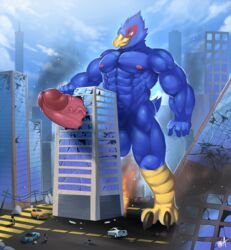 anthro avian balls big_balls big_penis bird bna_v5 building building_penetration city destruction falco_lombardi humanoid_penis macro male male_only nintendo penis solo star_fox video_games