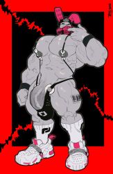 1boy 2026 abs artist_name bara barbell_​piercing barely_contained_penis barely_​contained biceps big_bulge black_background black_thong black_​clothing black_​underwear border bulge clothed clothing dated fake_rabbit_ears fake_​ears footwear gas_mask genitals male mammal mask monochrome muscular muscular_human muscular_male muscular_thighs nipple_barbell nipple_ring nipple_​piercing nipples pecs penis piercing pink_rabbit_ears red_border ring_​piercing shoes simple_​background socks standing ten_g89 text thong topless underwear vein veiny_muscles veiny_penis white_clothing white_shoes white_socks white_​footwear wristband