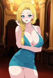 :d bare_shoulders bianca_(dq5) bison_(shikou_hondou) blonde_hair blue_dress blue_eyes blurry blush braid breasts cleavage column commentary_request covered_navel dragon_quest dragon_quest_v dress earrings female hair_over_one_eye indoors jewelry large_breasts long_hair no_panties nose_blush pillar pussy short_dress single_braid sleeveless sleeveless_dress smile solo spaghetti_strap thighs