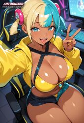 ai_generated aqua_hair artoonizer big_ass big_breasts blonde_hair blue_eyes blue_hair blush breasts canari_(pokemon) canary_(pokemon) computer computer_monitor dark-skinned_female dark_skin female gamer_chair gamer_girl gen_4_pokemon jacket large_breasts legs_together long_sleeves looking_at_viewer monitor multicolored_hair nail_polish navel neon_lights patreon patreon_username pokemon pokemon_(creature) pokemon_legends:_z-a posing selfie shiny_skin short_hair short_twintails shorts sitting solo solo_female solo_focus split-color_hair stomach swimsuit swimwear thick_thighs toned_female tongue tongue_out twintails two-tone_hair two-tone_shorts v v-sign viewed_from_above wide_hips yellow_hair yellow_jacket yellow_nail_polish yellow_nails