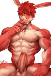 abs alpha_male anthro balls beefy blush daddy erection fur hair hi_res humanoid_penis lad lagomorph male male_only mammal manly muscular muscular_male nude penis precum rabbit rabbity ren_(rabbity) smile solo tough_guy vein veiny_penis