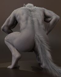 3d_(artwork) anthro backsack balls blaidd_(elden_ring) butt canid canine canis digital_media_(artwork) elden_ring feet fromsoftware fur genitals grey_body hair hi_res kneeling male mammal no-name-no-problem nude realistic realistic_fur rear_view simple_background solo tail toes wolf