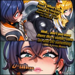 ai_generated animal_ears ass belle_(zenless_zone_zero) big_ass bulge bulge_through_clothing bulge_under_clothes dialogue dry_humping english_text fat_ass female futanari gigantic_ass horny huge_ass huge_bulge huge_cock ju_fufu ju_fufu_(zenless_zone_zero) kalistafunz massive_ass penis_bulge pent_up rubbing_ass teasing zenless_zone_zero