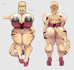 anthro ass betsibi big_breasts big_butt breasts cheetah clothing colored_sketch curvaceous felid feline female footwear high_heels huge_breasts looking_at_viewer makeup mammal nipple_piercing nipples piercing plankboy platform_footwear platform_heels pussy shoes smile solo standing thick_thighs