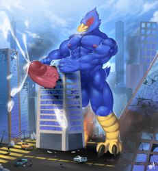 anthro avian balls big_balls big_penis bird bna_v5 building building_penetration city cum destruction falco_lombardi humanoid_penis macro male male_only nintendo orgasm penis solo star_fox video_games