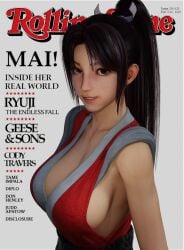 1girls 3d 3d_(artwork) brown_hair english_text fatal_fury female female_focus female_only king_of_fighters large_breasts magazine magazine_cover mai_shiranui parody ponytail red_clothing sideboob smile smiling smiling_at_viewer street_fighter_6 text