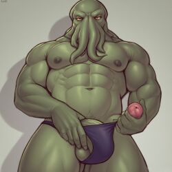 2026 abs ai_generated anthro arms_behind_head balls bara bed cthulhu eldritch erection foreskin gay highres horny huge_cock hyper lovecraft lying_on_back male_focus monster_boy muscular_male nipples pecs penis purple_skin sheets solo sweat tentacle tentacle_face thick_thighs yellow_eyes