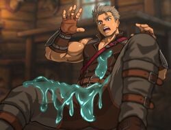 1boy bara beard_stubble biceps blurry_background brown_hair clumsy collarbone duo fingerless_gloves fully_clothed funa_(artist) gauntlets gay gloves hi_res hunter indoors legs_apart male male_only mature_male mucus muscles muscular muscular_arms muscular_male no_visible_genitalia original original_character shocked short_hair sitting slime slime_on_body straps sweat very_high_resolution vest wide_eyed wooden_house