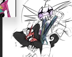 blush blushing_profusely covering_eyes deltarune holding_waist jevil jevil_(deltarune) masochistic_male sadistic_smile sadomasochism spamton spamton_g_spamton squirming string_play tentacle_dick wireplay yanking