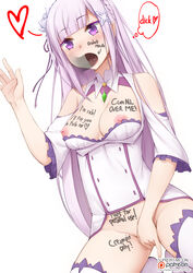 1boy 1girls body_writing bottomless breasts clothed_sex clothing emilia_(re:zero) english_text fellatio female_masturbation fingering heart kneeling masturbation nipples piercing public_use pussy_juice re:zero_kara_hajimeru_isekai_seikatsu thighhighs tongue vahn_yourdoom white_background white_hair