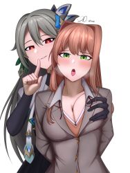 2girls ahe_gao breast_squeeze breasts coral_brown_hair doki_doki_literature_club female female_focus female_only gloved_hand gray_hair green_eyes grope_from_behind groping_breast hand_gesture hand_on_breast honkai_(series) honkai_impact_3rd horny_female light-skinned_female looking_at_viewer monika_(doki_doki_literature_club) multiple_girls red_eyes shushing smirk smirking_at_viewer vita_(honkai_impact) what yuri