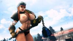 1girls 3d bandana big_breasts black_panties black_underwear blizzard_entertainment breasts brigitte brigitte_lindholm brown_hair female female_only flail highres lamoz571 long_hair mace muscular_female overwatch sci-fi science_fiction scifi solo solo_female topless topless_female twintails