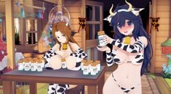 2girls 3d alternate_breast_size alternate_outfit animal_ears bell between_breasts big_breasts blush bottle breasts chair cleavage clothed collar cow_bikini cow_ears cow_girl cow_horns cow_print cowbell embarrassed hex_maniac horns huge_breasts koikatsu looking_at_viewer mattie_(matsu-sensei) milk original_character pokemon pokemon_xy sitting skimpy_clothes standing table wide_hips witchanon