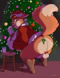 2018 anthro balls bottomless bravo canid canine christmas clothed clothing cum disney eating eyewear fox gideon_grey glasses hair hat holidays holly_(plant) humanoid_penis male male_only mammal mistletoe penis plant santa_hat santa_suit slightly_chubby solo standing zootopia