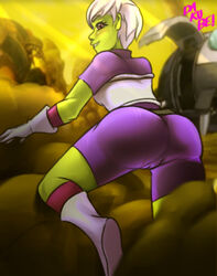 1girls alien alien_girl armor ass big_ass bodysuit boots breasts cheelai clothed dakube dragon_ball dragon_ball_super female female_only green_skin huge_ass humanoid short_hair solo text thick_thighs watermark white_hair wide_hips