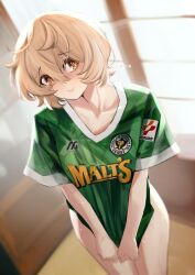 ... 1girls absurdres blurry blurry_background brown_eyes brown_hair clio_aite closed_mouth collarbone female freckles green_shirt hag hair_between_eyes highres legs mature mature_female morning_sex naked_shirt no_pants older_female phase_connect pupi pupi_(rain_prophet) shirt short_hair small_breasts smile soccer_uniform solo sportswear sweat teacher thighs tokyo_verdy virtual_youtuber vtuber