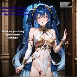 1girl1boy ai_generated blue_eyes blue_hair blush caption caught caught_in_the_act caught_masturbating dialogue english english_text female female_focus imminent_blackmail iuno_(wuthering_waves) nervous nervous_sweat newaiartcreator panties_aside patreon pussy pussy_juice story story_at_source wuthering_waves
