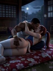 3d ai_generated ass carl_johnson couple_(romantic) crossover dark-skinned_male dead_or_alive dojo eastern_and_western_character embrace gangster grand_theft_auto grand_theft_auto:_san_andreas holding_ass hug imminent_sex interracial jewelry kasumi_(doa) kissing kunoichi light-skinned_female making_out moonlight passionate passionate_kiss ponytail romantic thong tongue_kiss tongue_out wowzerspowzers