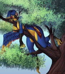 anthro avian bird bourbon._(artist) breasts female looking_at_viewer nipples nude outside pussy solo thick_thighs tree wide_hips