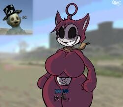 1boy1girl 1girl1boy black_eyes blurry_background breasts broken_screen commanding ear fists guardian_(slendytubbies) huge_breasts messy_hair naked naked_female no_clothes no_nipples no_pussy po_(slendytubbies) po_(teletubbies) pointy_ears pov_male red_body red_hair rope rope_around_neck slendytubbies slendytubbies_3 smile smiley_face text text_box the_guardian_(slendytubbies) thick_thighs trabbitwax