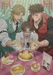 angel_boy banana_split bara black_hair blush cafe coffee cum cumming_on_food demon_male doodlefish75 earrings excited_male food formal_clothes garter_straps gay gay_male jizz muscles muscular_male omelet open_collar pancakes piercings red_hair semen squirting squirting_on_food tattoo_on_arm three_males tie tuxedo tuxedo_vest worker yaoi