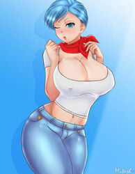 1girls blue_eyes bulma_briefs cameltoe cleavage curvy dragon_ball erect_nipples female huge_areolae huge_ass huge_breasts midraw puffy_nipples short_hair thick_lips voluptuous wide_hips