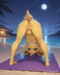 ai_generated anthro anus ass beach blue_eyes breasts cute_expression downward_dog_pose ear female jolteon looking_at_viewer mane mat moon night nipples nude ocean palm_trees pokemon pussy small_breasts solo spiky_hair sylestia tail upside-down vagina yellow_fur yoga