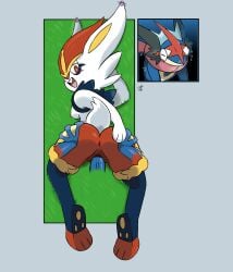 absurd_res anthro anus areola ash-greninja big_butt blue_body breasts buckteeth butt butt_grab cheek_tuft cinderace disembodied_hand disembodied_penis duo eyelashes facial_tuft feet female generation_8_pokemon genitals grass grey_background hand_on_butt hi_res lying male male/female nintendo nipples on_front open_mouth orange_eyes pawpads penetration penis pink_areola pink_nipples plant pokemon pokemon_(species) simple_background small_breasts starioforreal teeth thick_thighs tuft vaginal vaginal_penetration vulva wide_hips