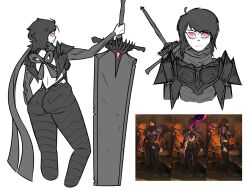 1girls apathetic black_hair ebony_odogaron_(armor) exposed_back fat_ass female hourglass_figure huge_sword hunter_(monster_hunter) leaning_on_object leaning_on_sword looking_at_viewer looking_back mebity monster_hunter monster_hunter_wilds red_eyes scarf small_waist solo_female sword thick_thighs unimpressed zoh_shia_(armor) zoh_shia_pants