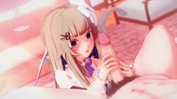 1boy 1girls 3d amanogawa_shiina animated blonde_hair bow choker colored_inner_hair cum cum_on_face facial hair_ornament hairbow handjob koikatsu light-skinned_female light-skinned_male light_skin long_hair phase_alias phase_connect tagme two-tone_hair video virtual_youtuber vtuber