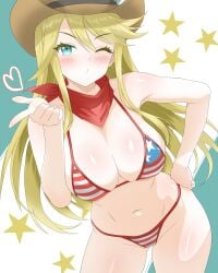 1girls alice_gear_aegis american_flag_bikini american_flag_print aqua_eyes big_breasts bikini blonde_hair blowing_kiss blush breasts busty cameltoe cleavage cowboy_hat female female_only flag_print flag_print_bikini hand_on_hip hat highres index_finger_raised large_breasts leaning_forward legs long_hair looking_at_viewer one_eye_closed pose posing print_bikini puckered_lips sensual sexy shirley_oakley solo star_(symbol) swimsuit thighs voluptuous wink
