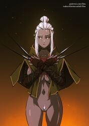 black_sclera bottomless bottomless_female breasts dark-skinned_female female flou huge_breasts lady_butterfly looking_at_viewer navel original original_character pubic_hair pussy stella_(flou) uncensored white_eyes white_hair white_pubic_hair