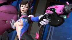 1girls 3d ass breasts brown_eyes brown_hair d.va durabo female female_only gun nipples overwatch solo