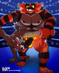 2018 2boys abs anthro audience bara barbed_penis blush canine claws crossover erection eye_patch eyewear feet feline fire furry furry_only gay group incineroar interspecies lock-wolf male male_only mammal muscular nintendo nipples nude paws pecs penis pokémon_(species) pokemon sharp_teeth size_difference smile star_fox super_smash_bros. teeth text url video_games watermark wolf_o'donnell yaoi