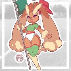 clothing female flag flag_(object) football football_uniform game_freak happy long_ears lopunny lycra mexican mexican_female mexican_flag nintendo pokemon pokemon_(species) rabbit sharalythesheep