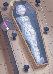absurdres arms_behind_back artist_request blindfold blue_archive blush bound bound_arms bound_legs candle check_artist coffin commentary_request dildo egg_vibrator female gagged halo highres lying mummification_(bound) mummy night on_back professor_niyaniya_(blue_archive) sex_toy solo t_zhonglang trembling variant_set vibrator yellow_halo