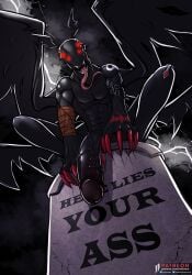 4_eyes 4_wings abs anthro bandai_namco big_penis cemetery claws demon devidramon digimon digimon_(species) electricity evil_face foreskin genitals glowing glowing_eyes hi_res iudicium86 lightning male multi_eye multi_wing penis retracted_foreskin solo straps tombstone tongue tongue_out vein veiny_penis wings wraps