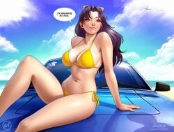1girls 2026 2d 2d_(artwork) aircraft artist_name bikini breasts brown_eyes car day english_text female female_focus female_only human human_only long_hair looking_away misato_katsuragi mole mole_on_breast monoplane neon_genesis_evangelion no_ai ocean plane purple_hair questionable sitting sitting_on_car smiling solo solo_female suddakka talking_to_offscreen text vehicle vehicles watermark wavy_hair
