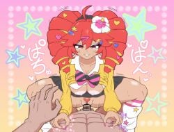 1boy abs bar_censor black_hairband black_skirt blonde_hair bow breasts censored cleavage clothes_lift collarbone collared_shirt commentary_request cowgirl_position dark-skinned_female dark-skinned_male dark_skin drill_hair felu_taro female flower gradient_background gyaru hair_flower hair_ornament hairband hairclip heart heart-shaped_pubic_hair heart_hair_ornament highres kasane_teto kasane_teto_(sv) large_breasts looking_at_viewer loose_socks magical_miracle_metagalphose_(synthv) motion_lines multicolored_hair mv_character nipple_stimulation nipples penis pink_background pink_nails pleated_skirt pov pov_hands pubic_hair red_eyes red_hair red_pubic_hair sex shaped_pubic_hair shirt shirt_lift skirt socks star_(symbol) star_hair_ornament straddling straight streaked_hair striped_bow sweater sweater_lift synthesizer_v teeth twin_drills veins veiny_penis white_flower white_shirt white_socks yellow_background yellow_sweater