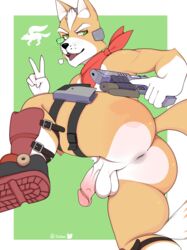 anthro anus ass backsack balls canid canine fox fox_mccloud green_eyes inkgoat looking_back male male_only mammal nintendo nude open_mouth penis presenting presenting_anus rear_view simple_background smile solo star_fox tongue video_games